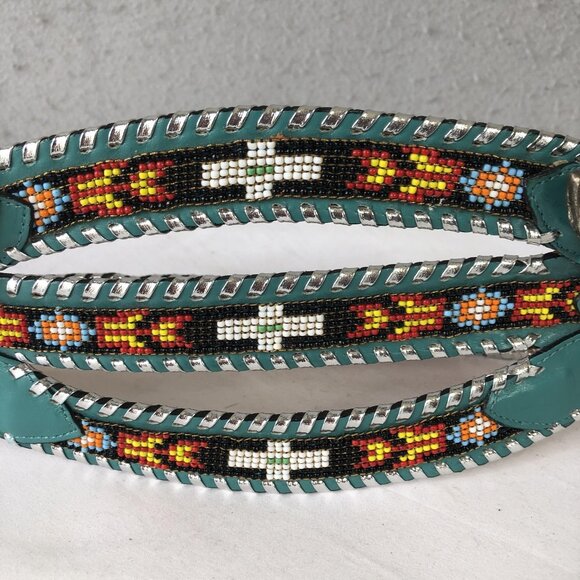Enterprises Beaded Leather Belt Womens Medium Turquoise Western Buckle USA 408 - Picture 2 of 16